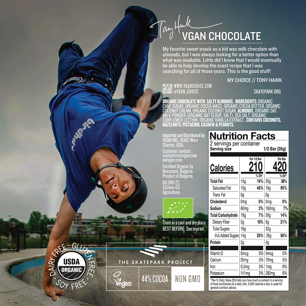 Vegan Milk Chocolate with Salty Almonds Tony Hawk My Choice Backside