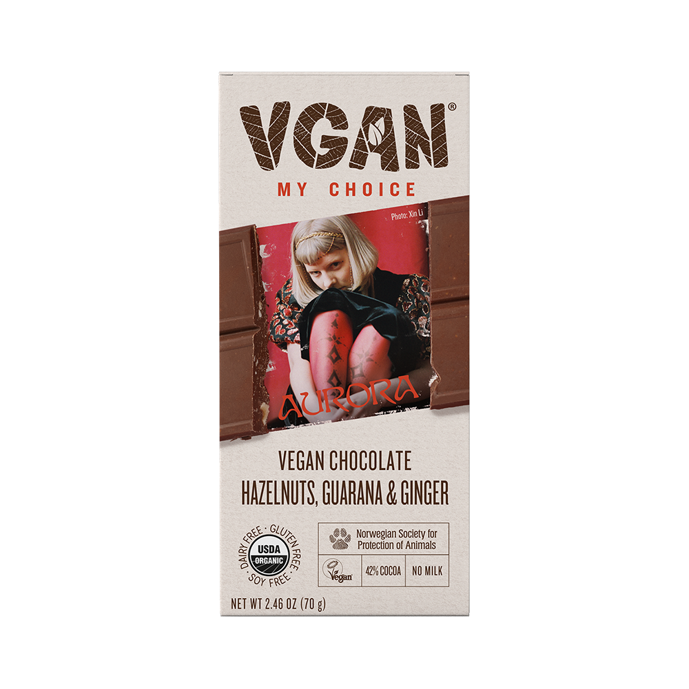 VGAN Chocolate Bar AURORA Hazelnuts, Guarana & Ginger Flavor Front