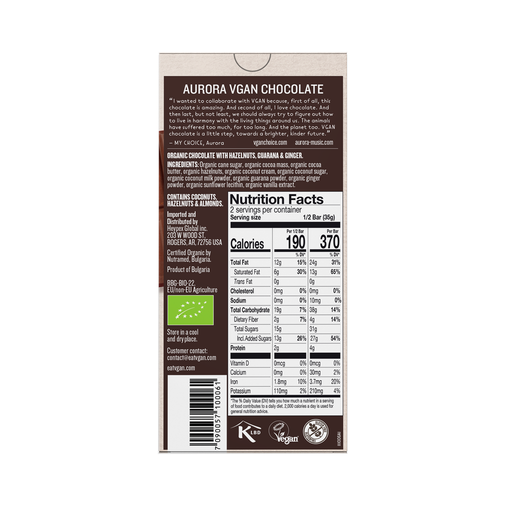 VGAN Chocolate Bar AURORA Hazelnuts, Guarana & Ginger Flavor Back