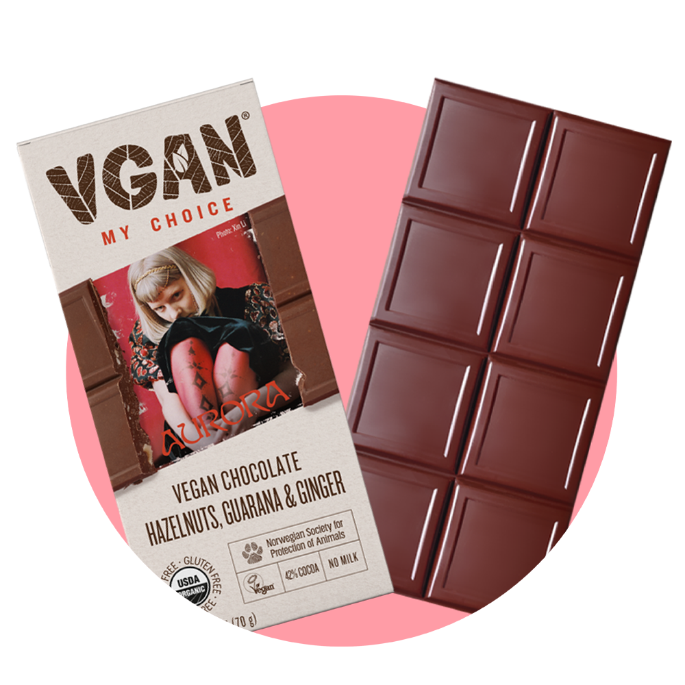 VGAN Chocolate Bar AURORA Hazelnuts, Guarana & Ginger Flavor Front
