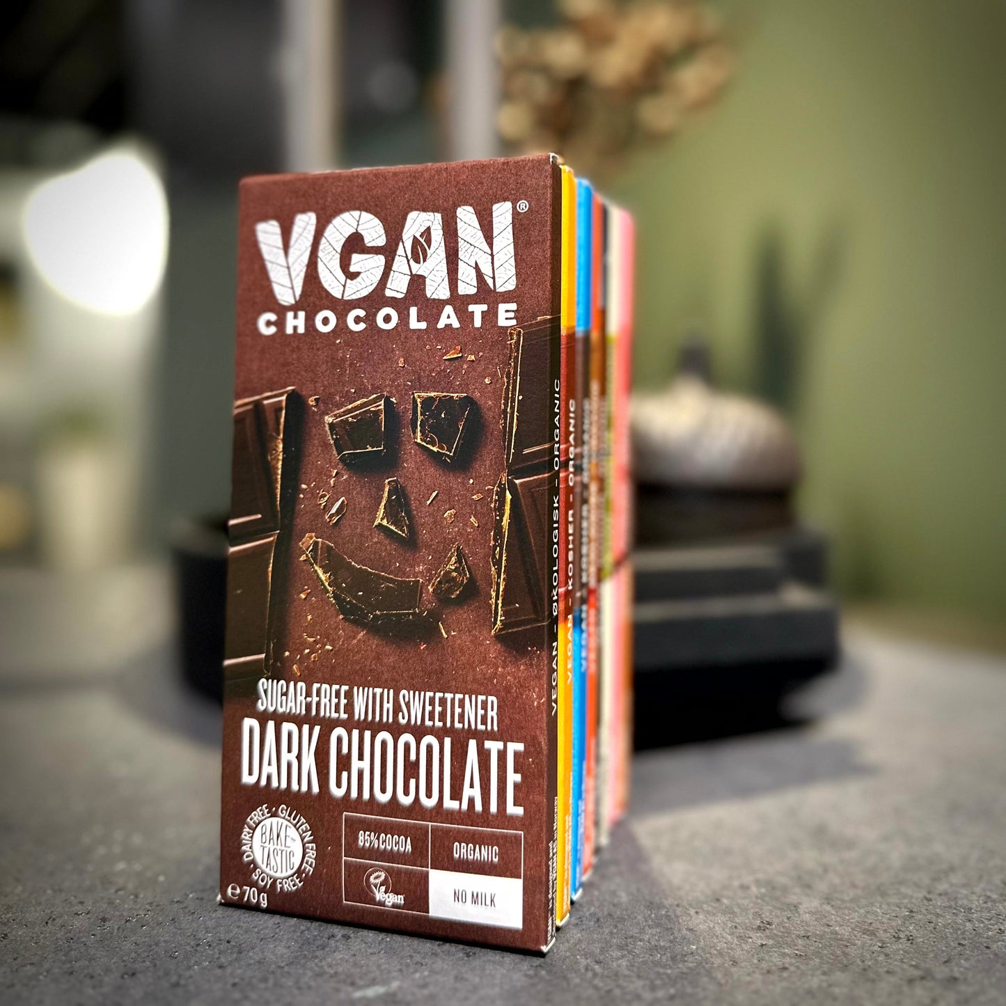 Vegan Chocolates Variety 8 Pack Limited Edition in a bundle with Dark Sugar-Free  Chocolate shown in front