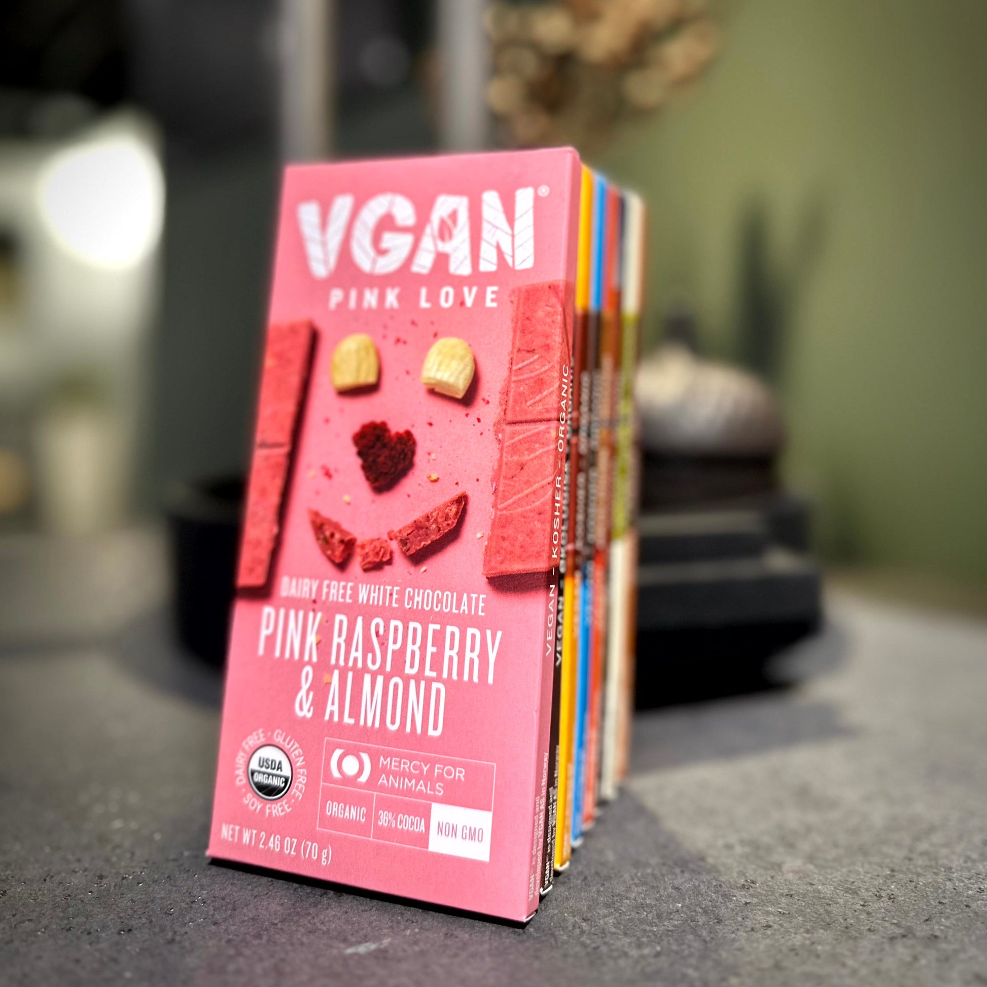 Vegan Chocolates Variety 8 Pack Limited Edition in a bundle with Pink Raspberry and Almond shown in front