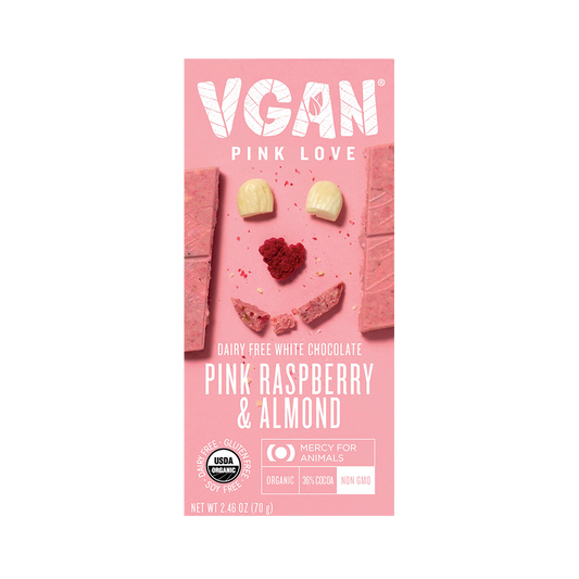 Vegan White Chocolate with Pink Raspberry & Almond Front
