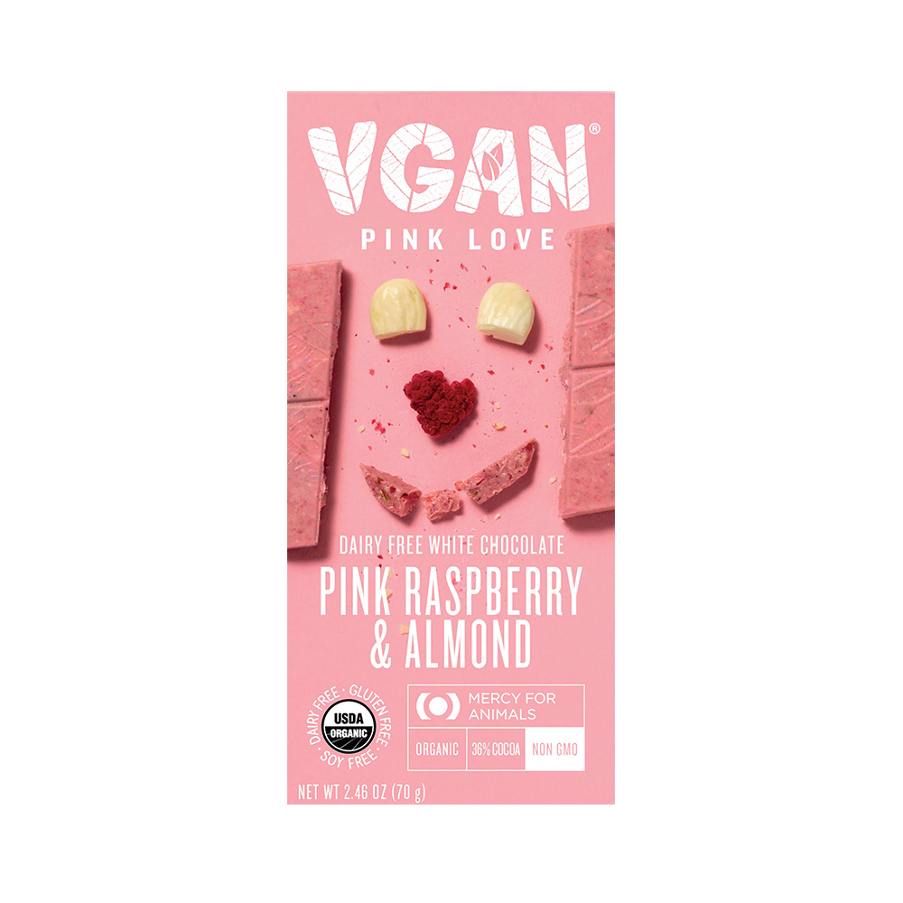 Vegan White Chocolate with Pink Raspberry & Almond Front