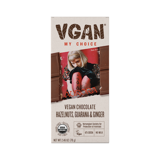 VGAN Chocolate Bar AURORA Hazelnuts, Guarana & Ginger Flavor Front